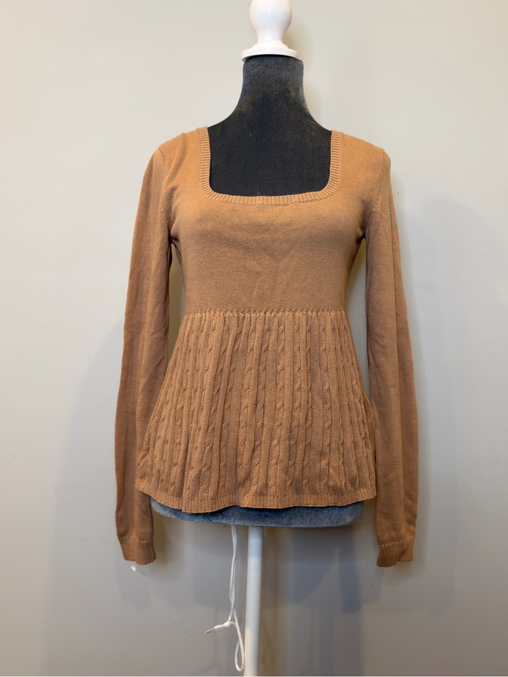 Hollister Camel Brown Square Neck Cable-Knit Peplum Sweater